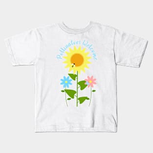 Pollinators Welcome with Sunflower, Daisy, Cosmos, Butterfly, and Bee Kids T-Shirt